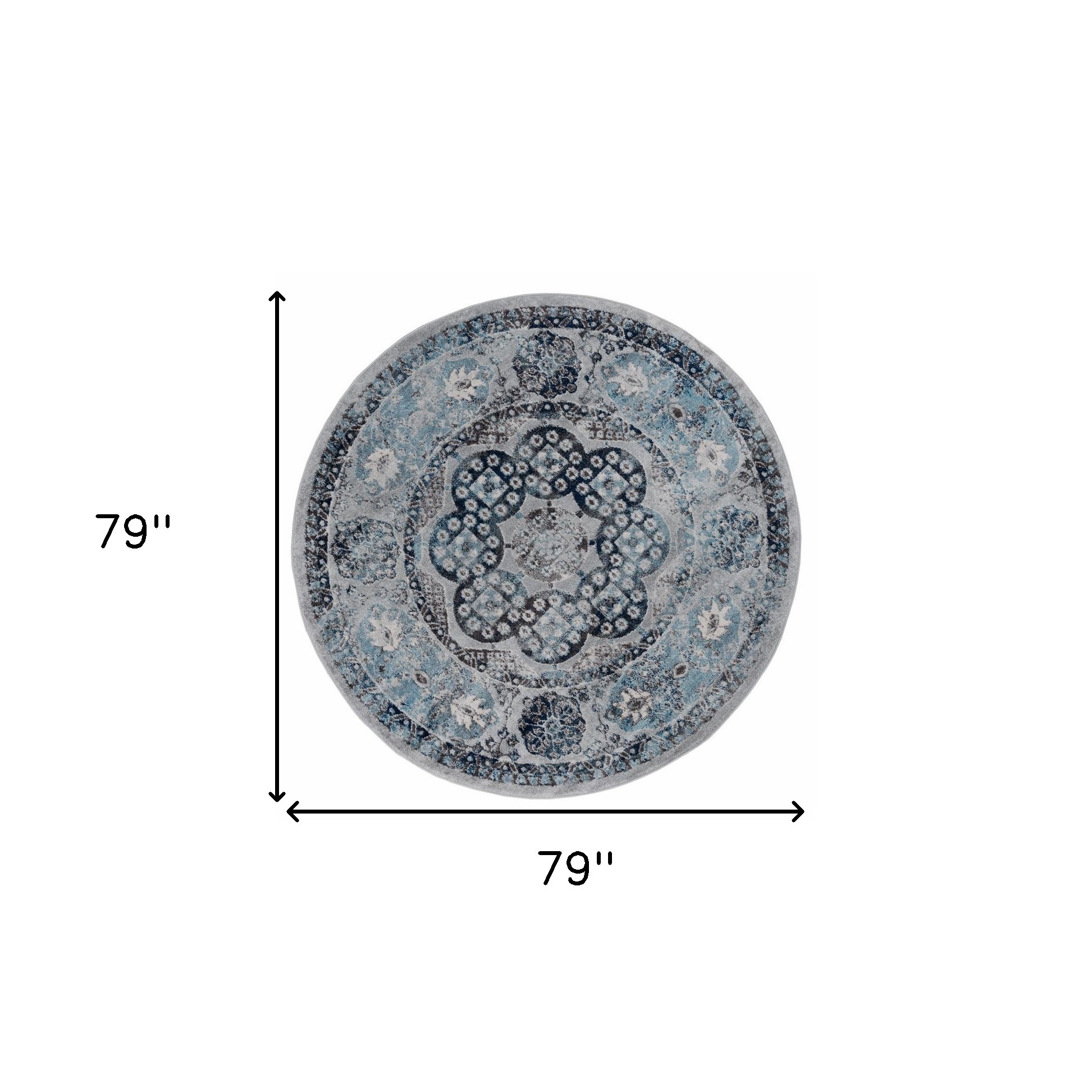 6" Gray and Blue Medallion Power Loom Round Rug