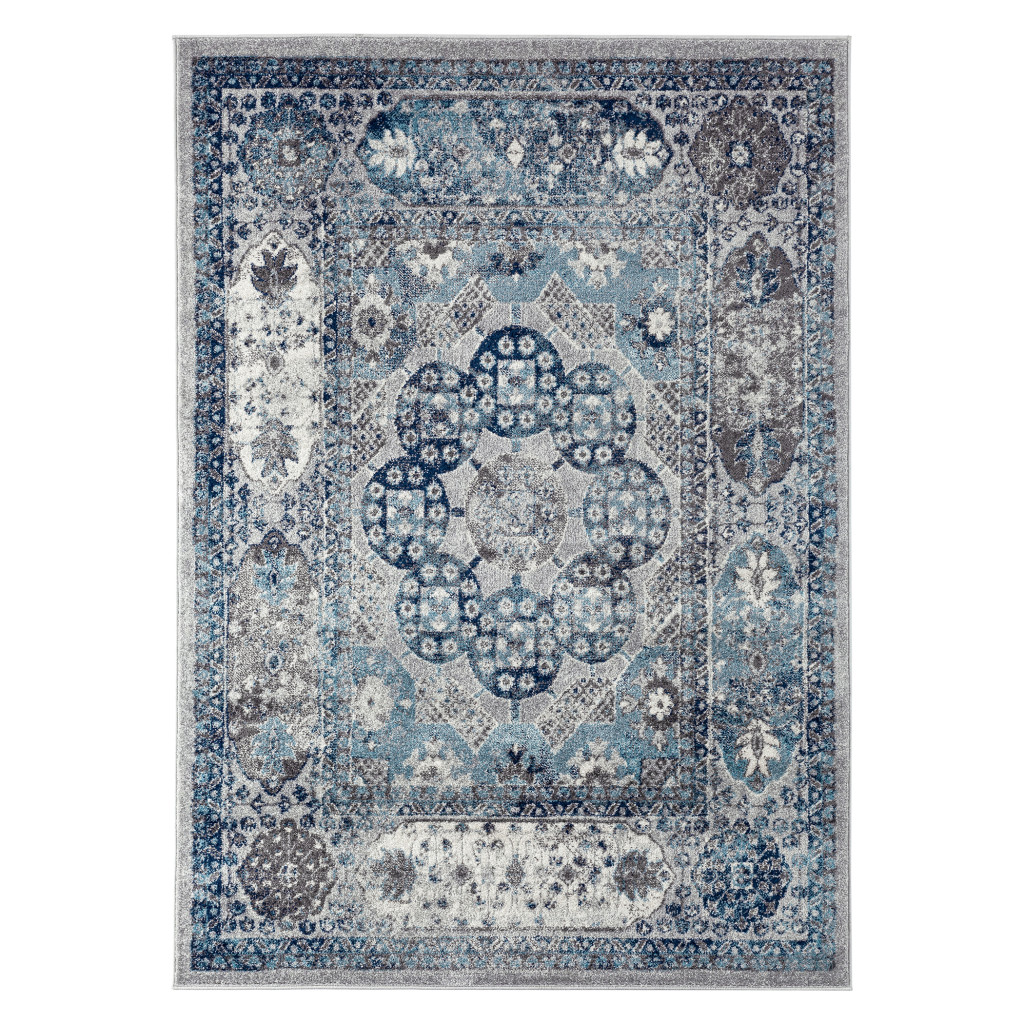 9" X 12" Blue and Gray Medallion Power Loom Area Rug