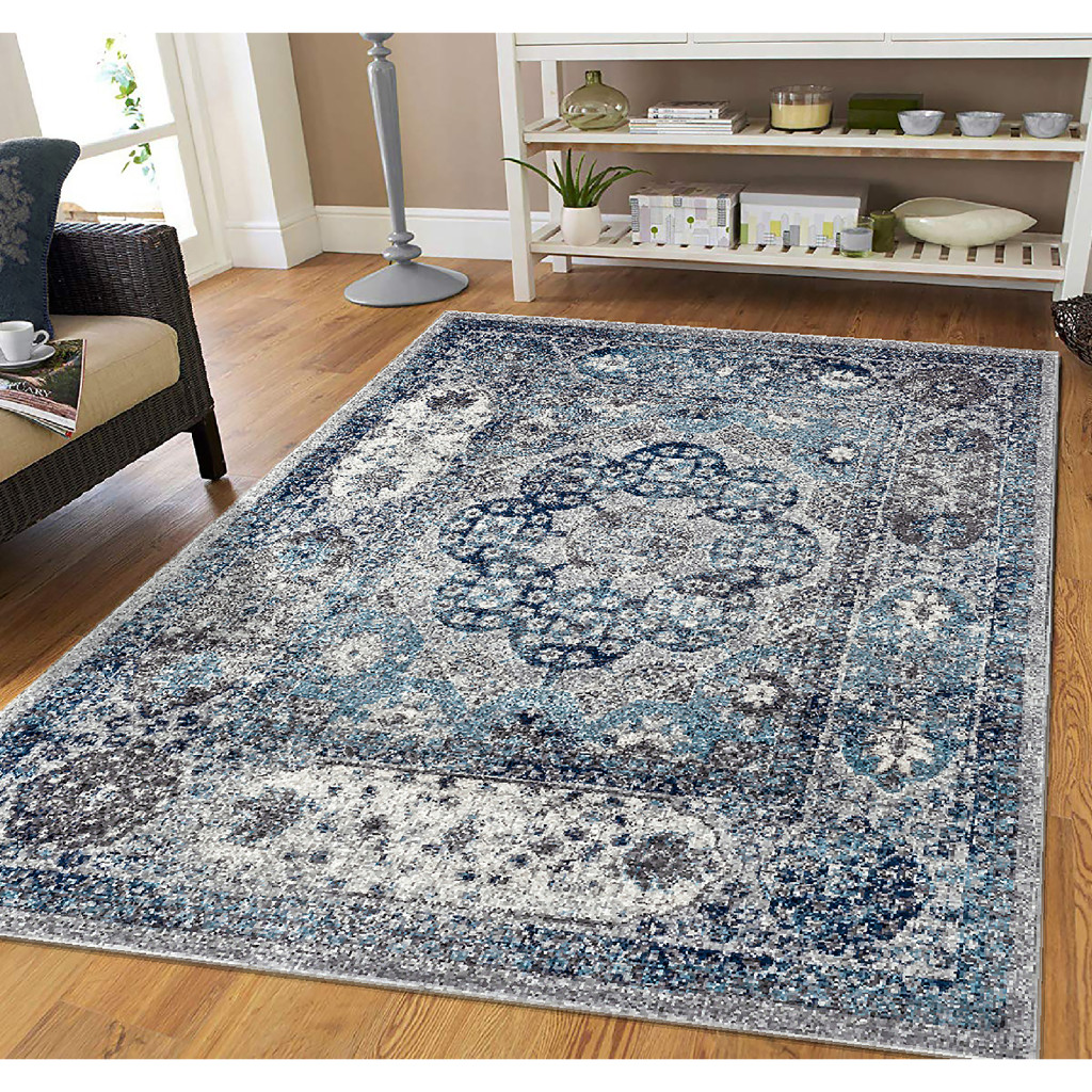 9" X 12" Blue and Gray Medallion Power Loom Area Rug