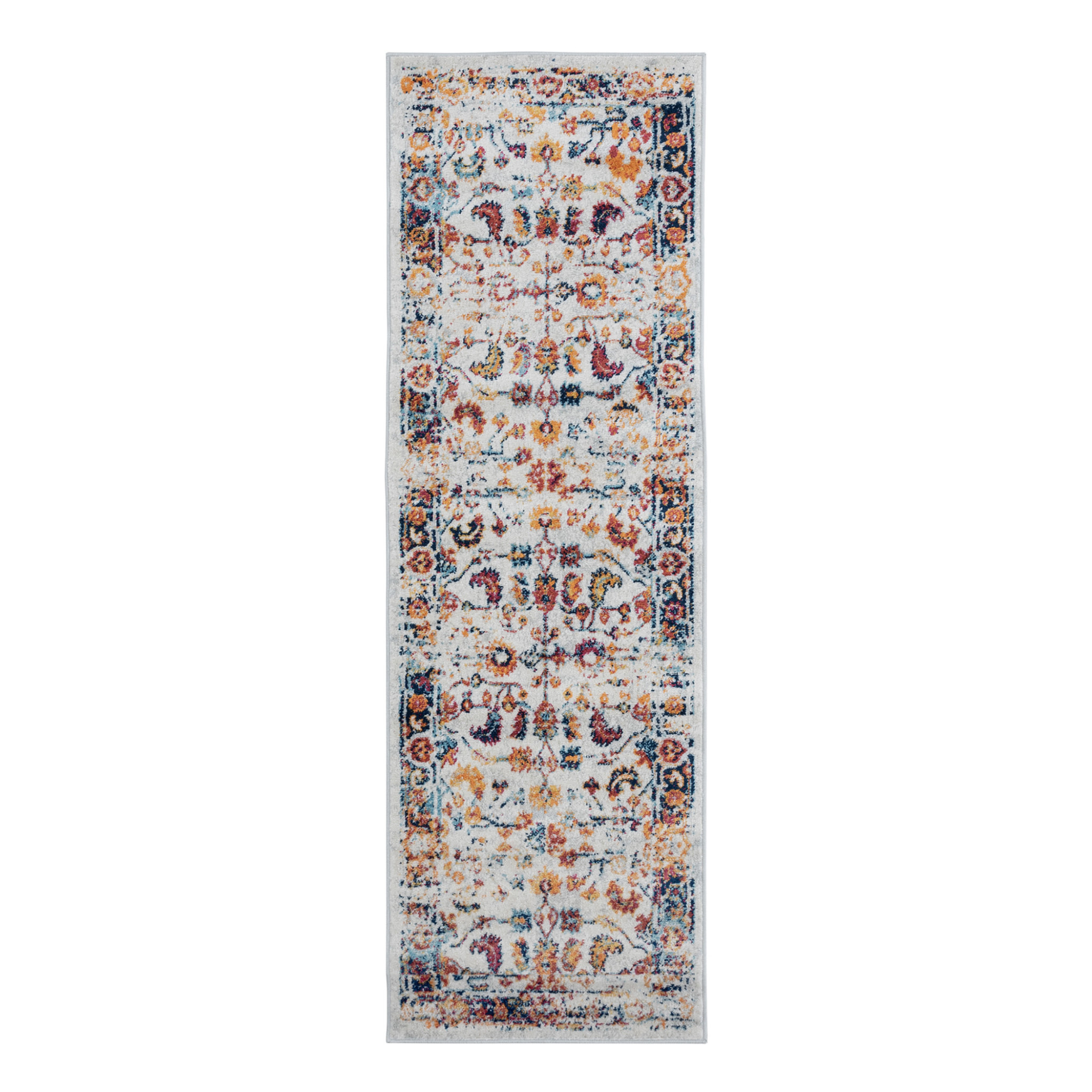 6" Ivory Navy and Orange Floral Power Loom Runner Rug