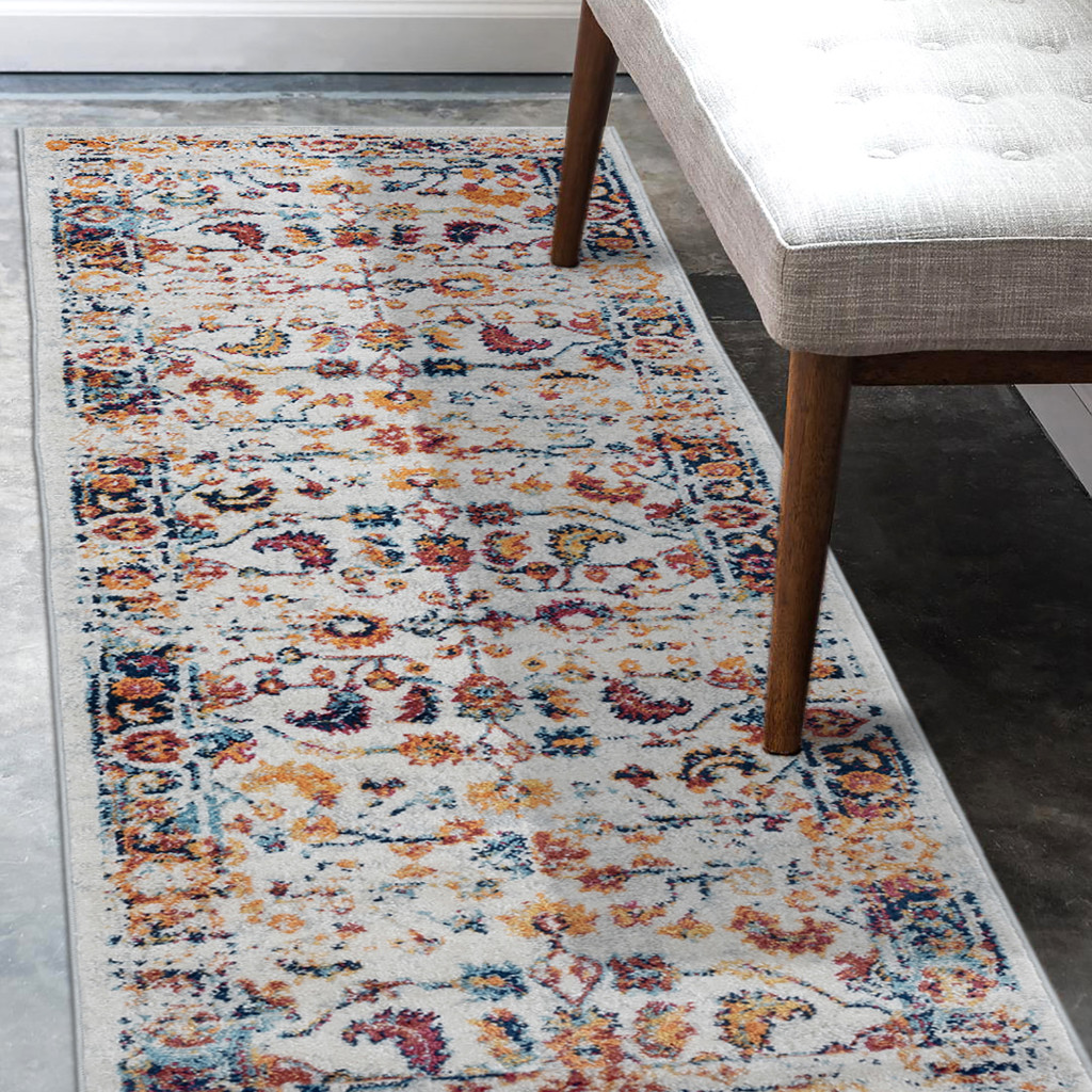 6" Ivory Navy and Orange Floral Power Loom Runner Rug