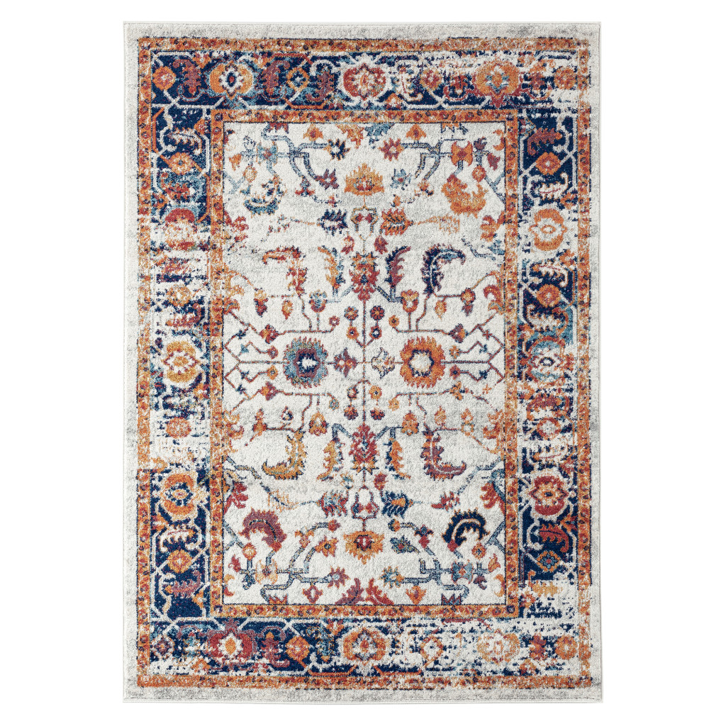 4" X 6" Ivory Navy and Orange Floral Power Loom Area Rug