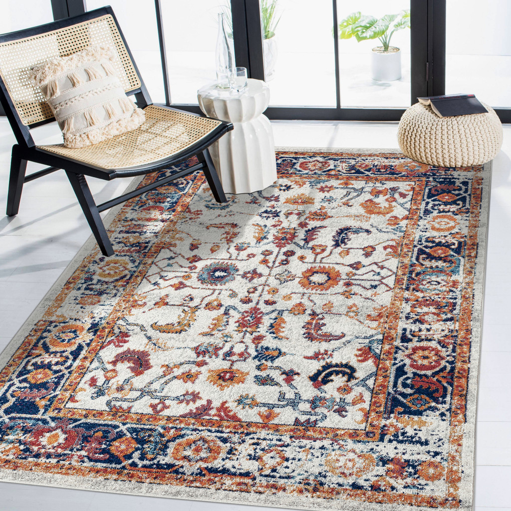 4" X 6" Ivory Navy and Orange Floral Power Loom Area Rug