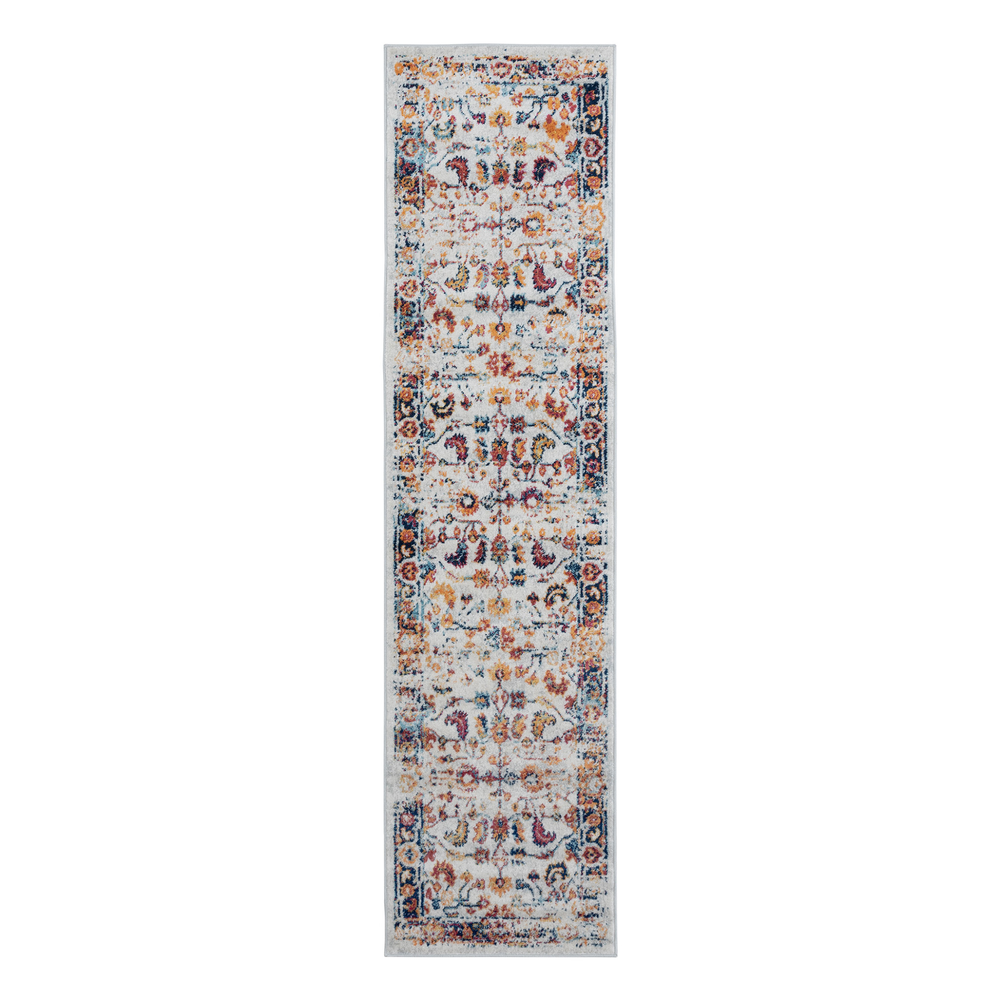 10" Ivory Navy and Orange Floral Power Loom Runner Rug