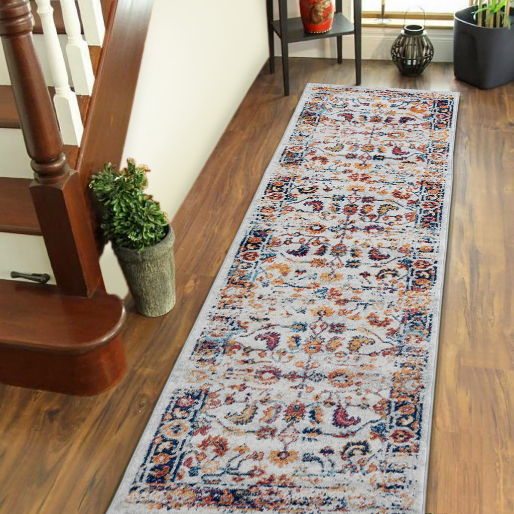 10" Ivory Navy and Orange Floral Power Loom Runner Rug