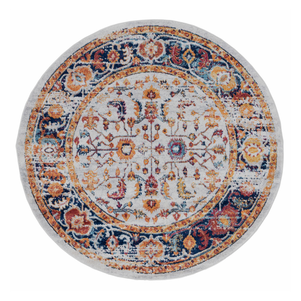 6" Ivory Navy and Orange Floral Power Loom Round Rug
