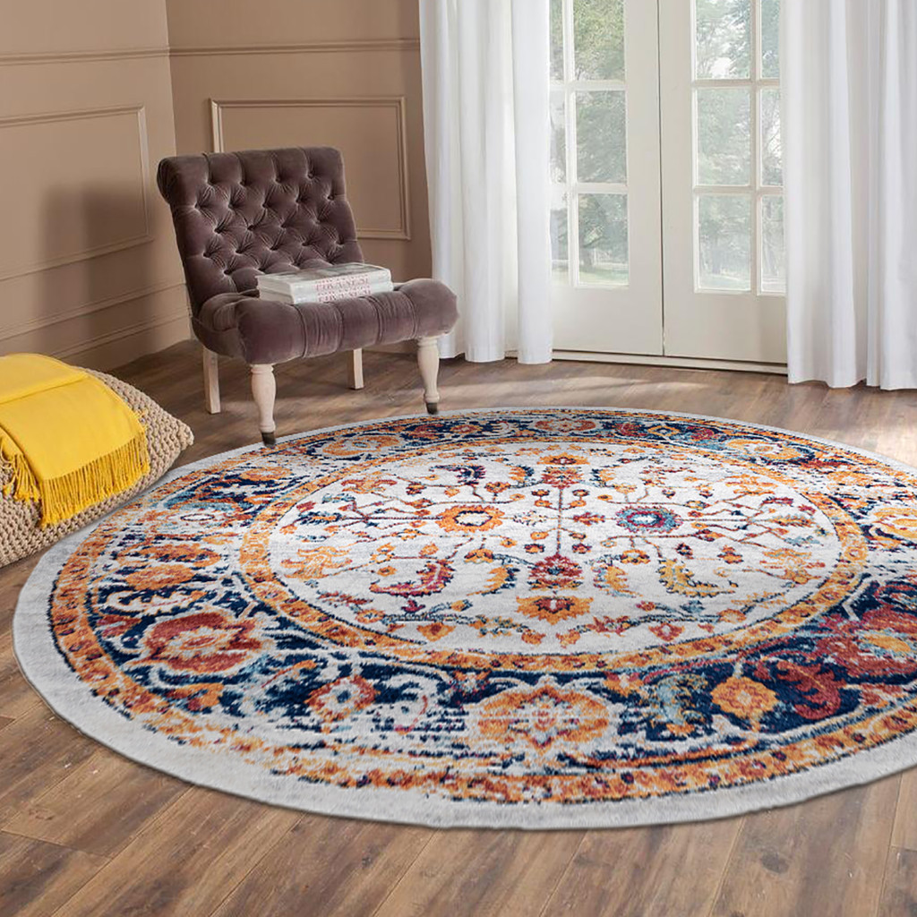 6" Ivory Navy and Orange Floral Power Loom Round Rug