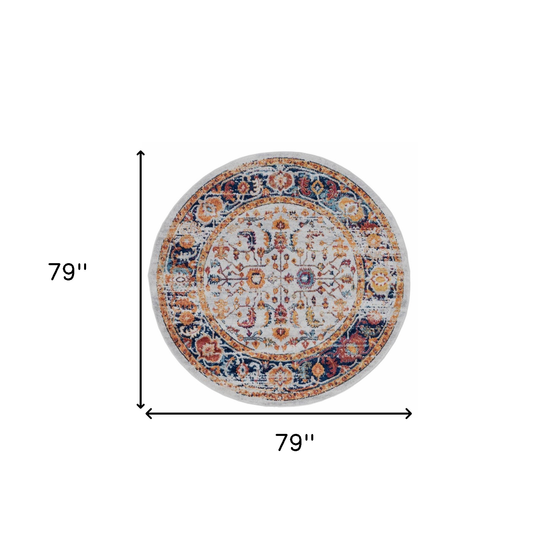 6" Ivory Navy and Orange Floral Power Loom Round Rug