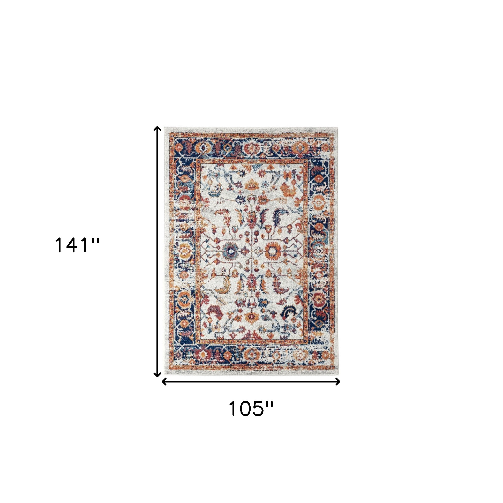 9" X 12" Ivory Navy and Orange Floral Power Loom Area Rug