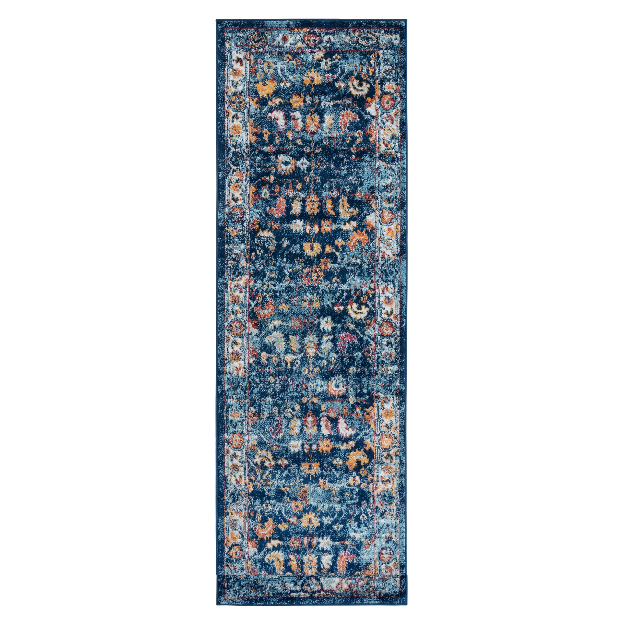 6" Blue Rust and Orange Floral Power Loom Runner Rug