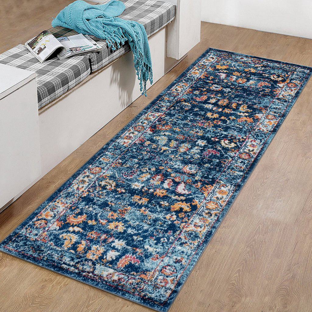 6" Blue Rust and Orange Floral Power Loom Runner Rug