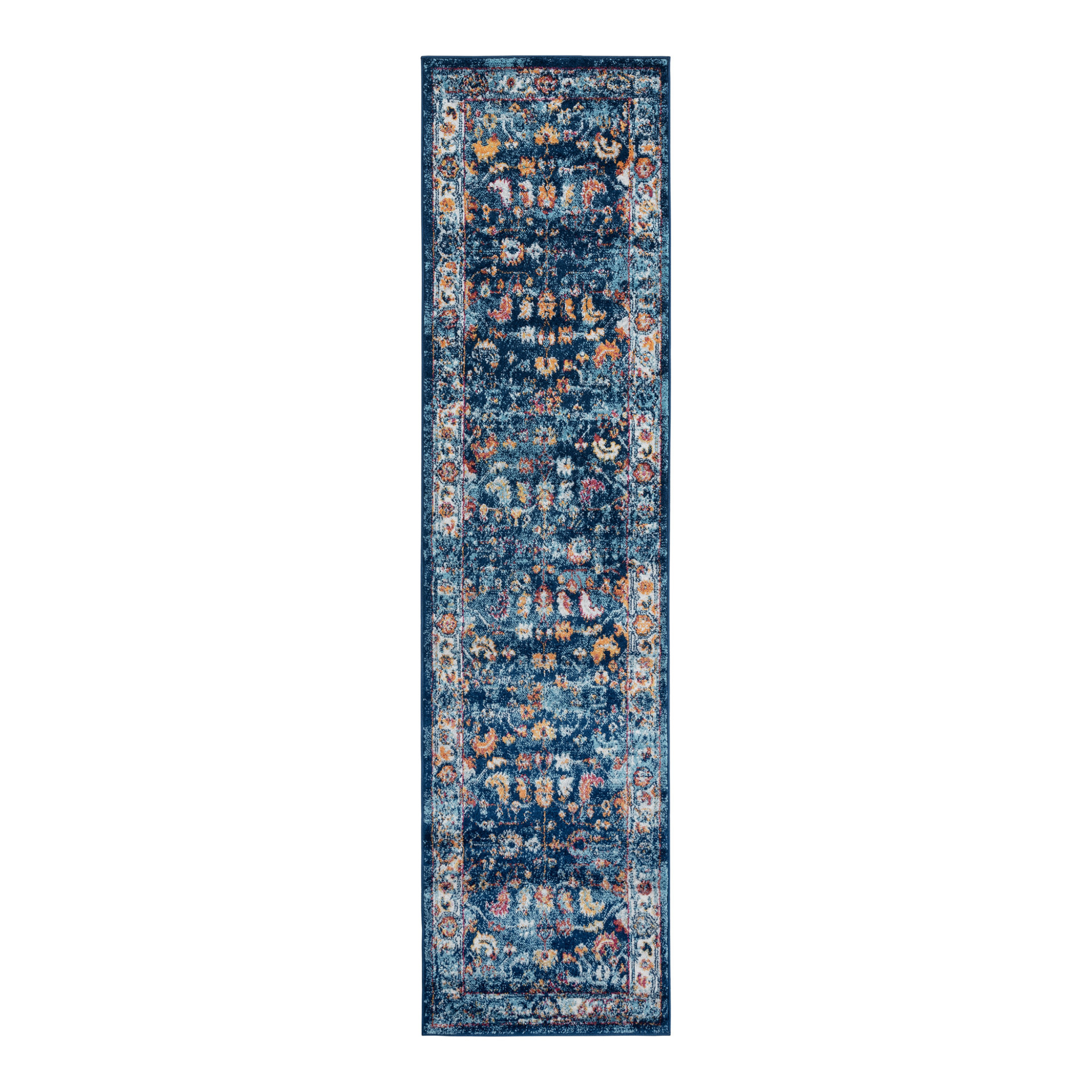 10" Blue Rust and Orange Oriental Power Loom Runner Rug