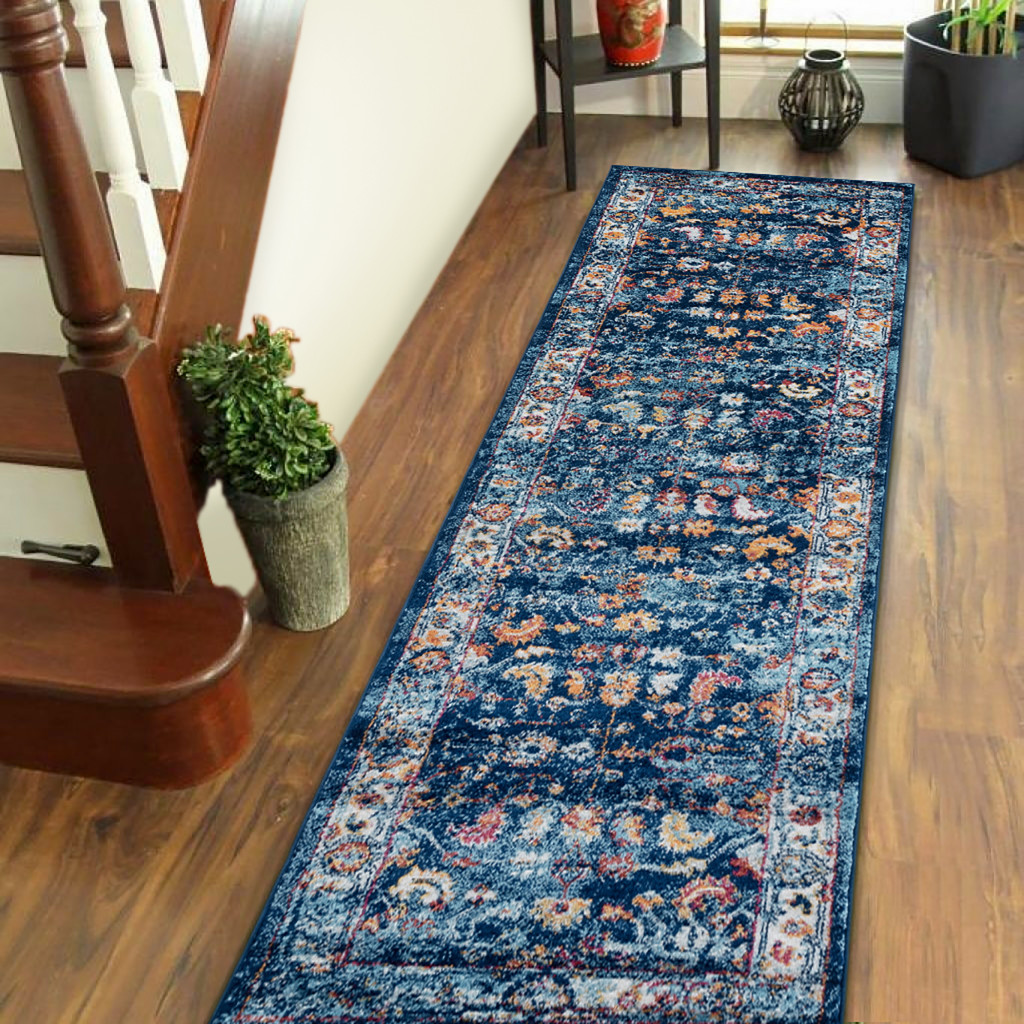 10" Blue Rust and Orange Oriental Power Loom Runner Rug