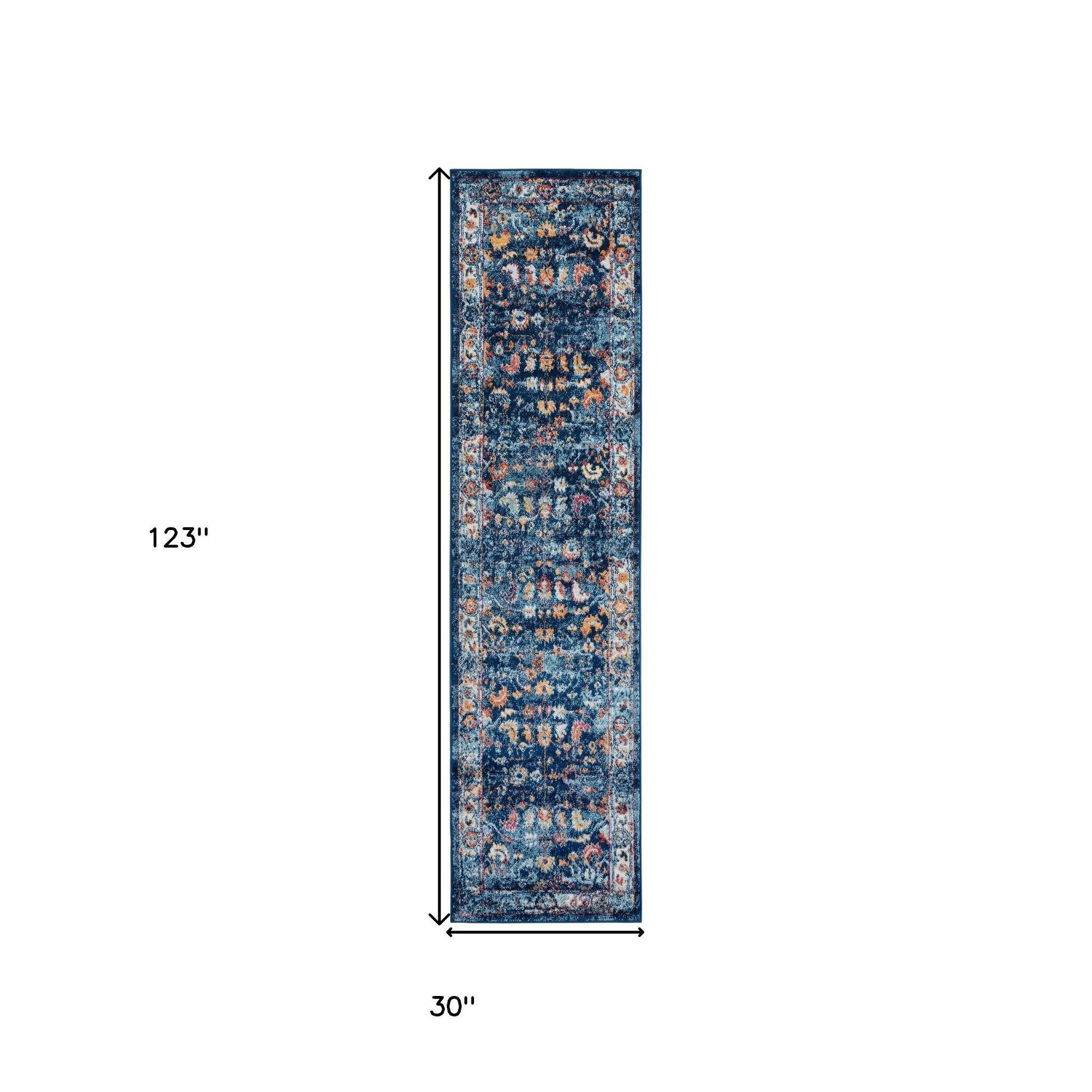 10" Blue Rust and Orange Oriental Power Loom Runner Rug