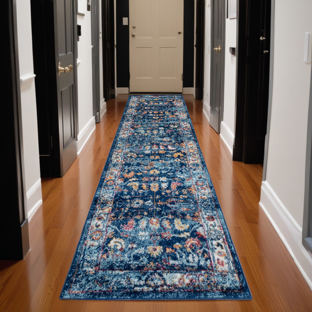 10" Blue Rust and Orange Oriental Power Loom Runner Rug