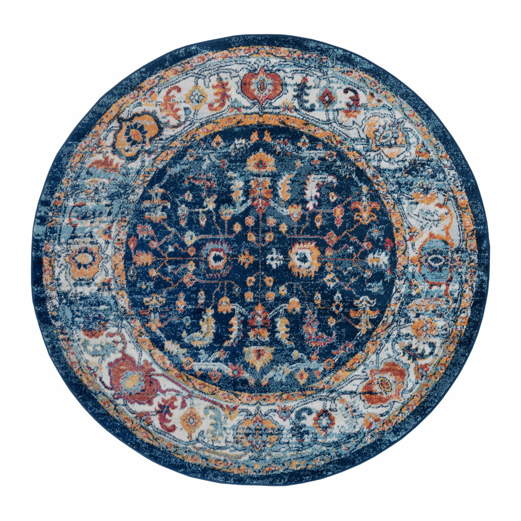 6" Blue Rust and Orange Oriental Power Loom Round Rug