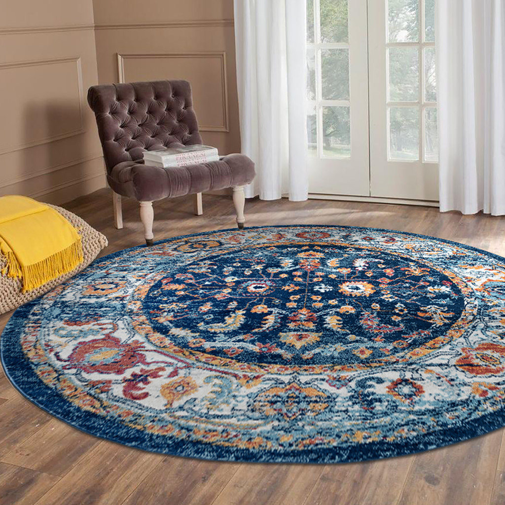 6" Blue Rust and Orange Oriental Power Loom Round Rug