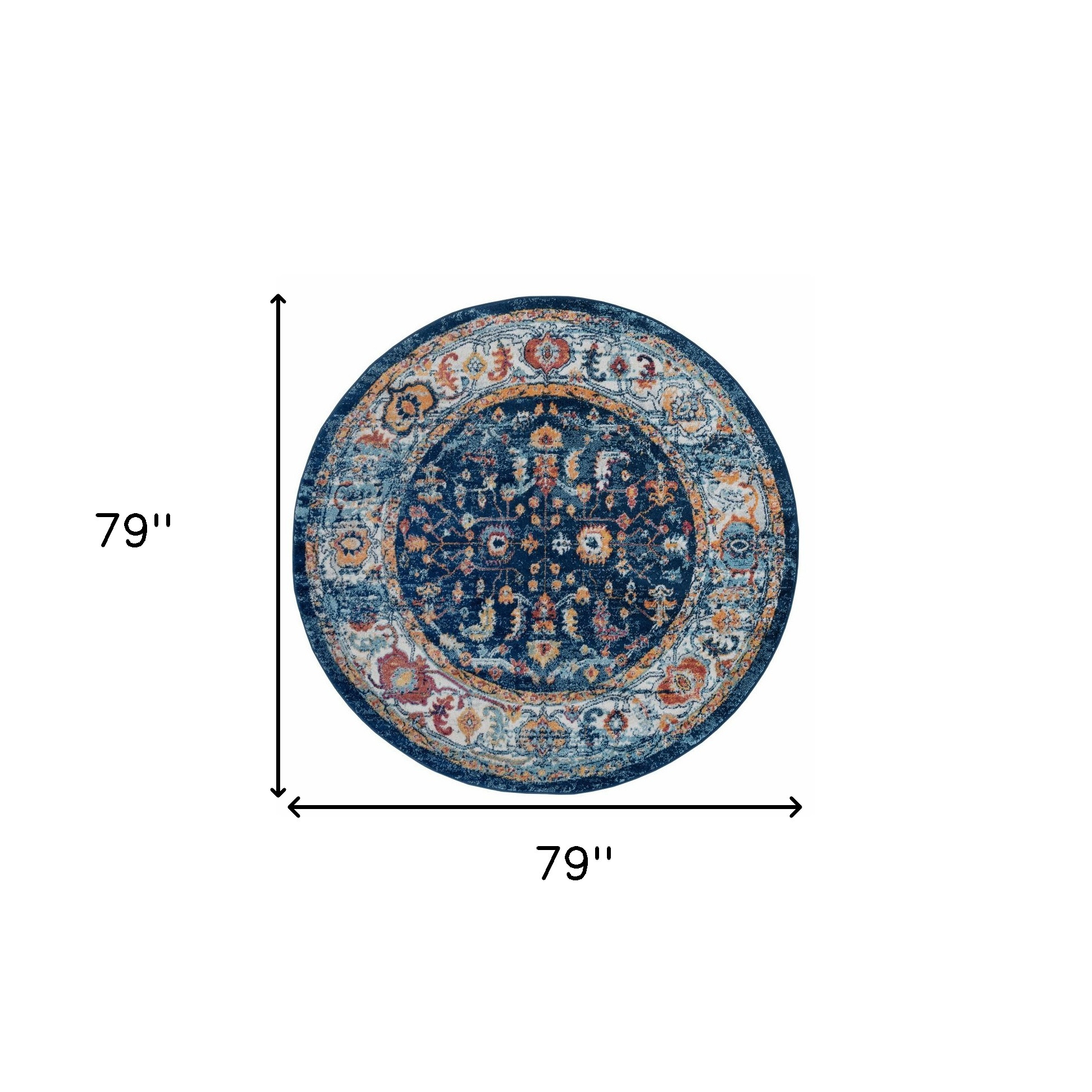 6" Blue Rust and Orange Oriental Power Loom Round Rug