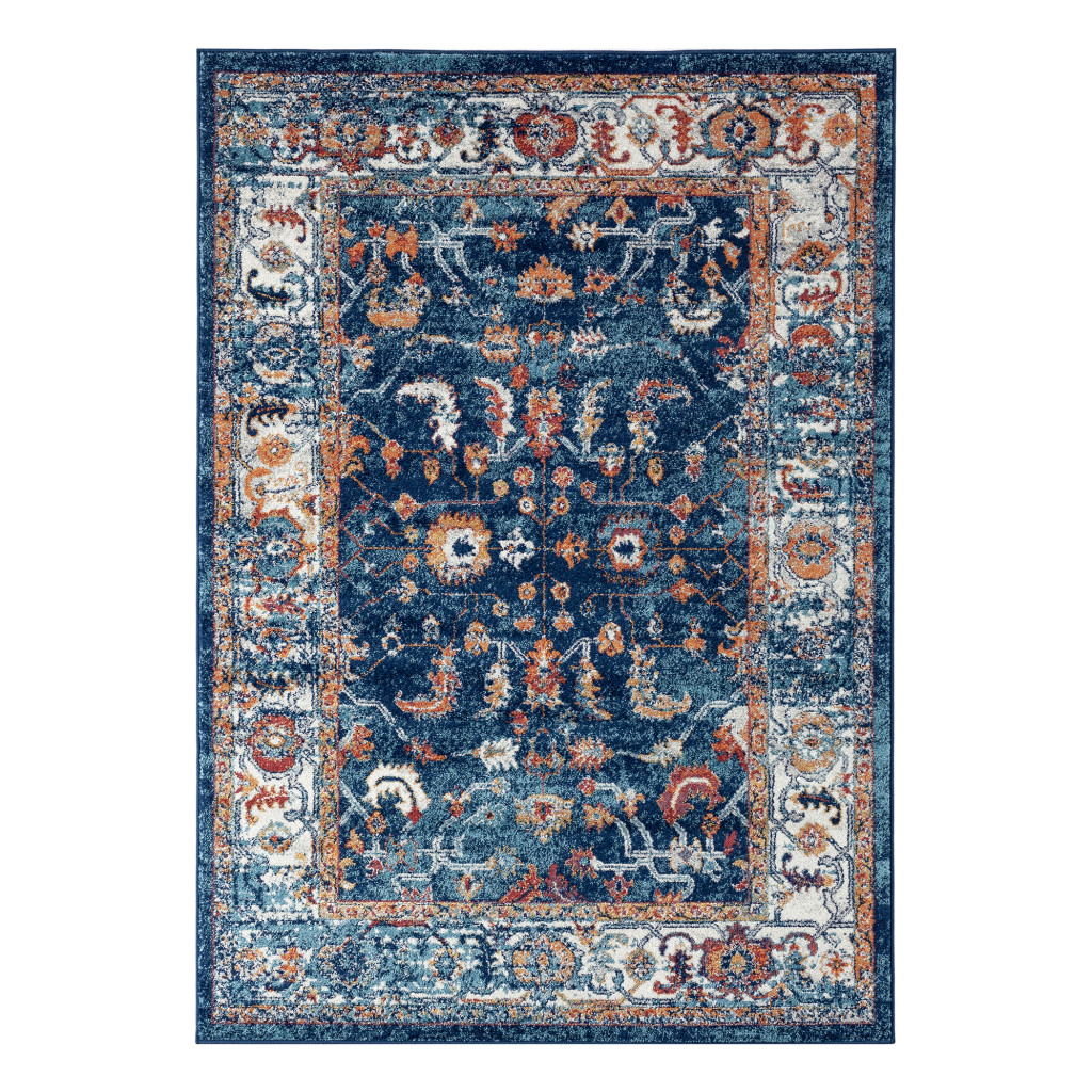 8" X 10" Blue Rust and Orange Floral Power Loom Area Rug