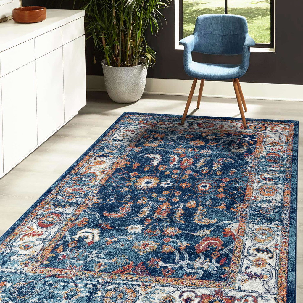 8" X 10" Blue Rust and Orange Floral Power Loom Area Rug