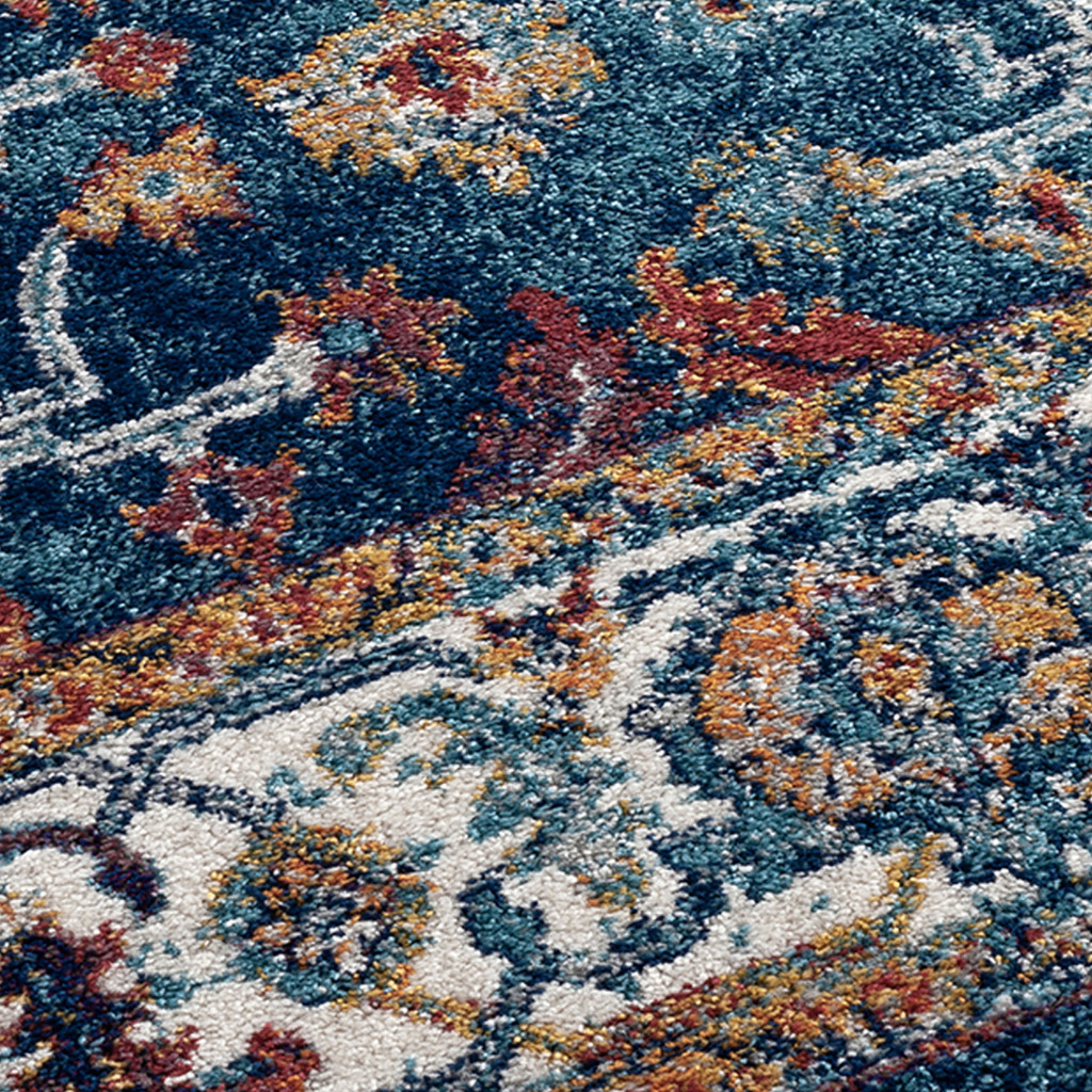 8" X 10" Blue Rust and Orange Floral Power Loom Area Rug