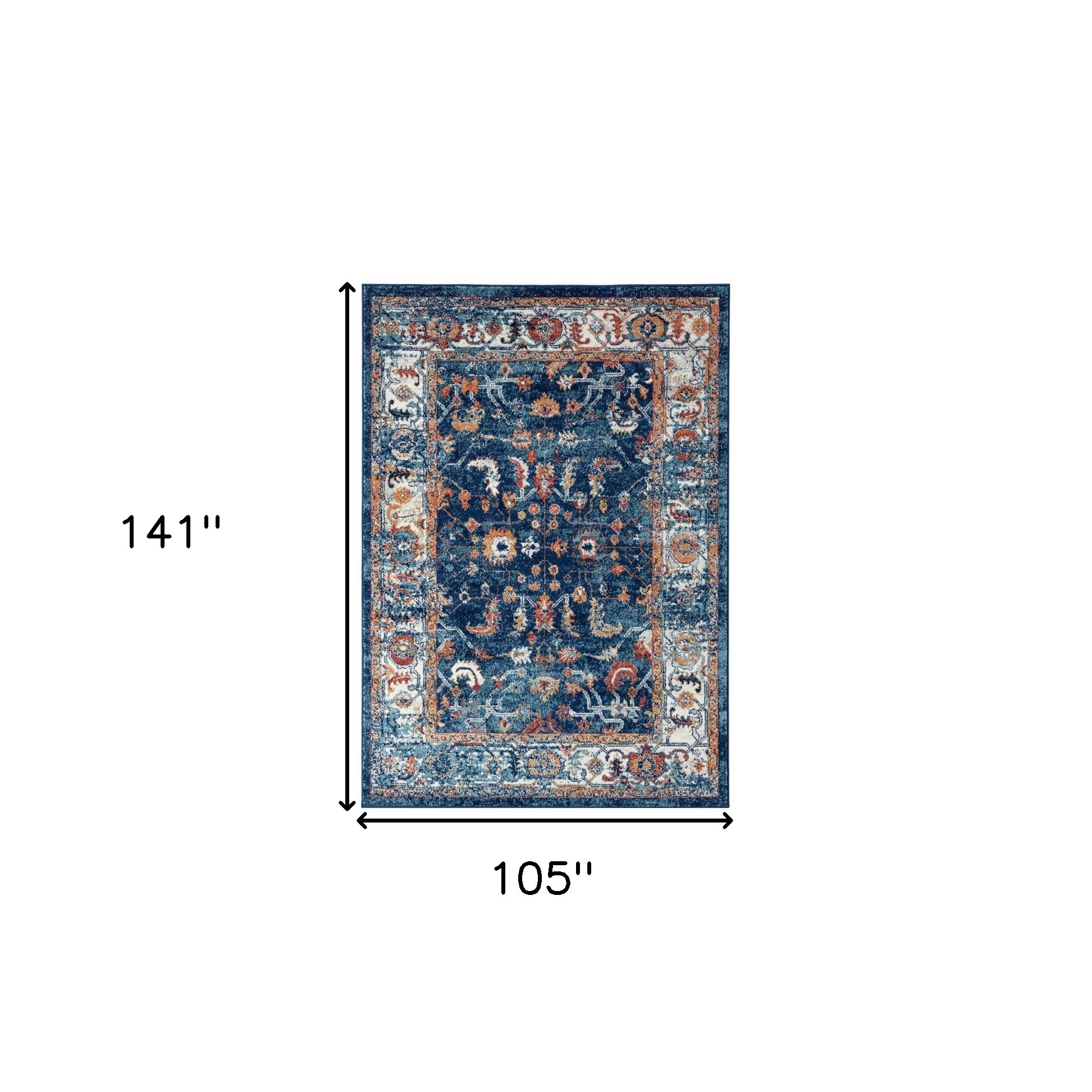 9" X 12" Blue Rust and Orange Oriental Power Loom Area Rug