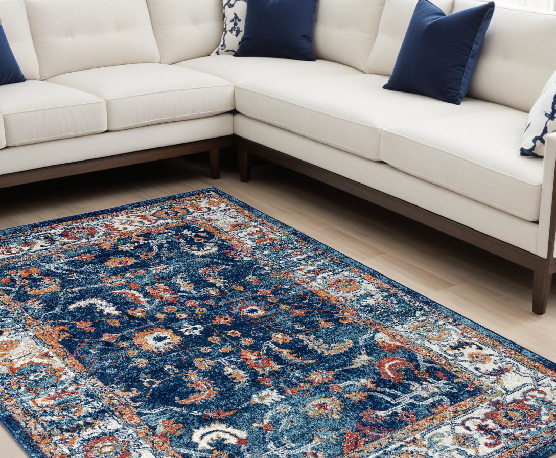 9" X 12" Blue Rust and Orange Oriental Power Loom Area Rug