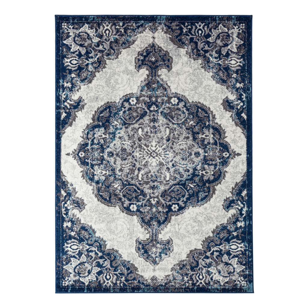 2" X 3" Navy and Ivory Medallion Power Loom Area Rug