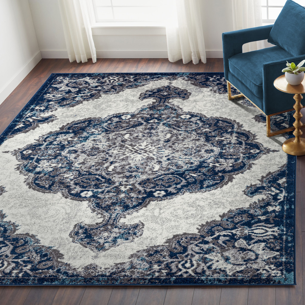 2" X 3" Navy and Ivory Medallion Power Loom Area Rug