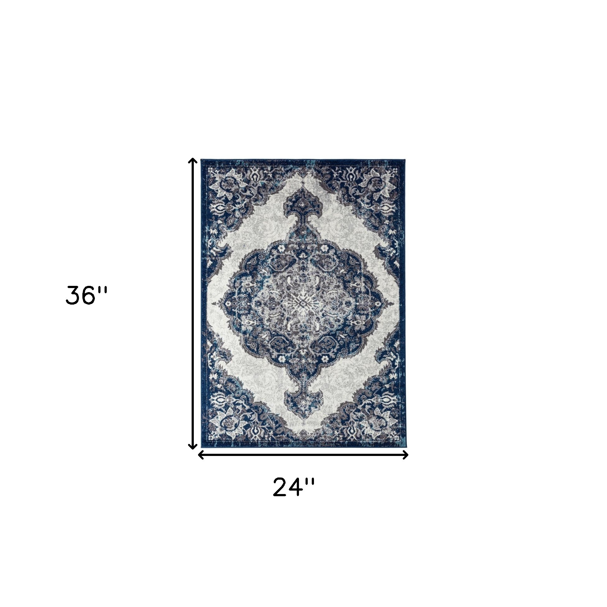 2" X 3" Navy and Ivory Medallion Power Loom Area Rug