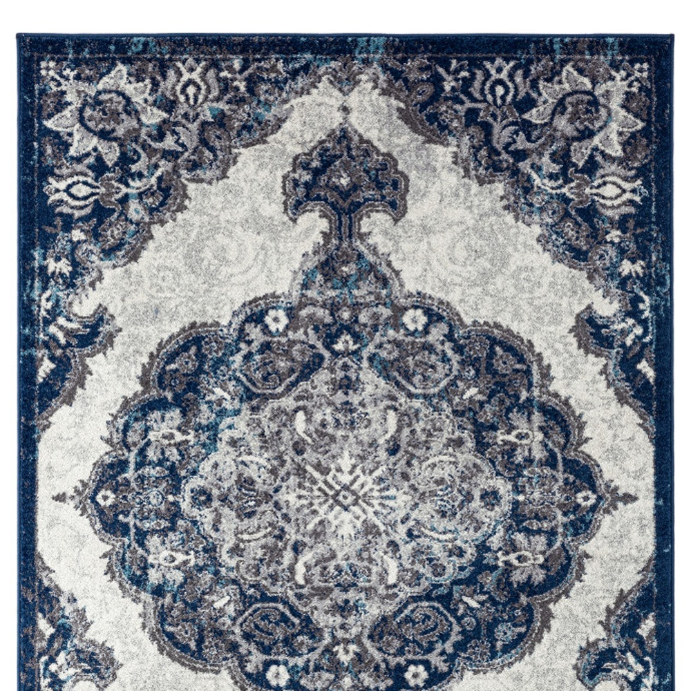 5" X 8" Navy and Ivory Medallion Power Loom Area Rug