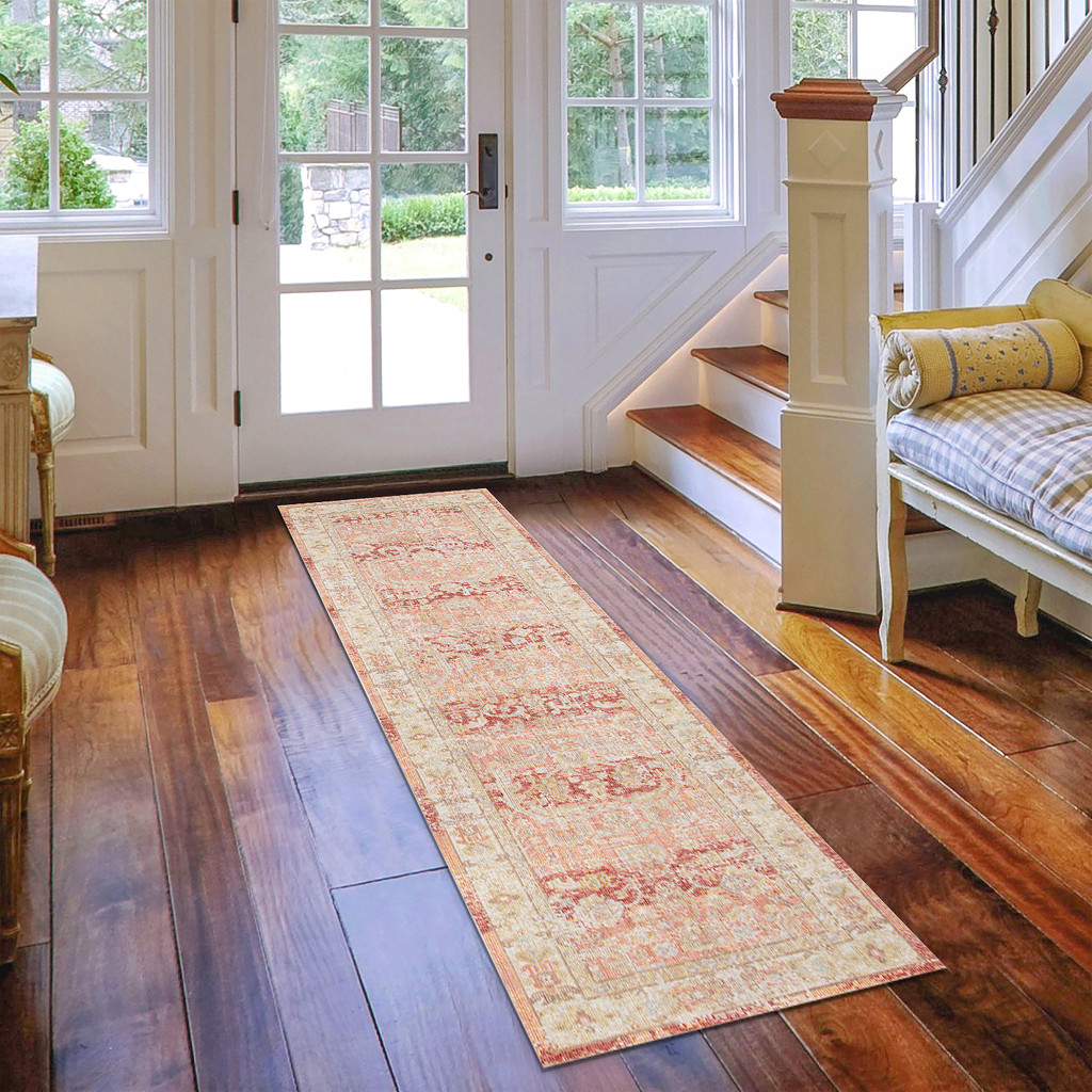 8" Salmon and Tan Floral Power Loom Runner Rug