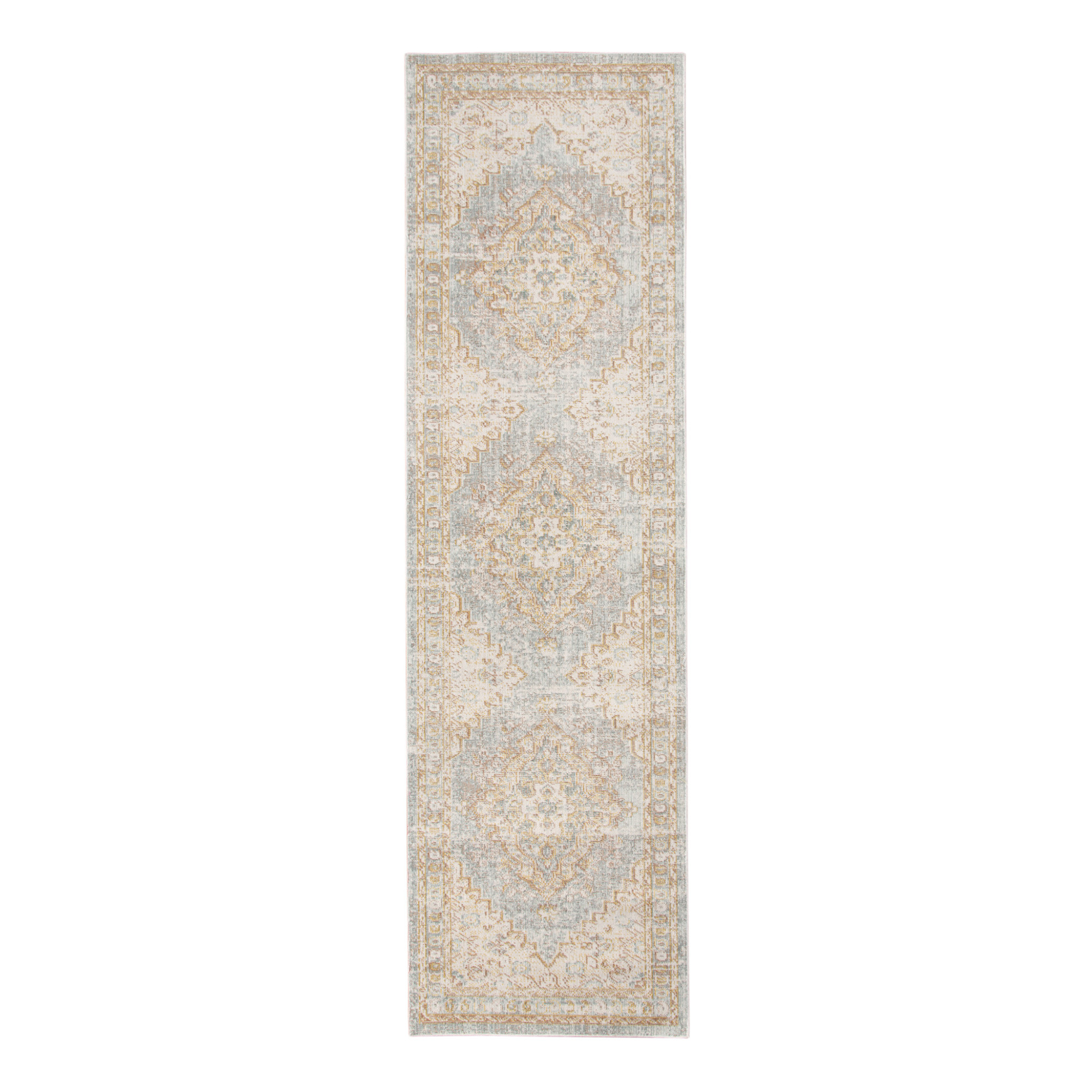 8" Beige and Gray Medallion Power Loom Worn Faded Runner Rug
