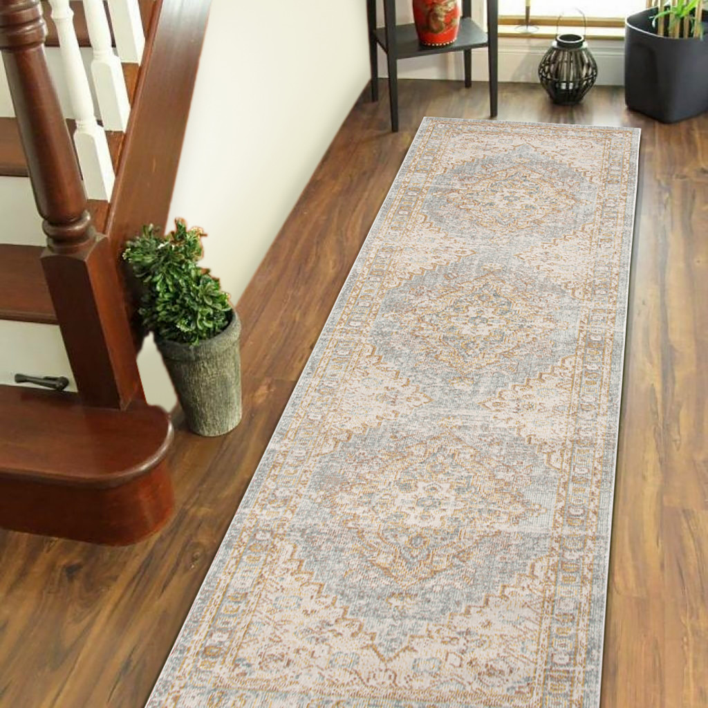8" Beige and Gray Medallion Power Loom Worn Faded Runner Rug