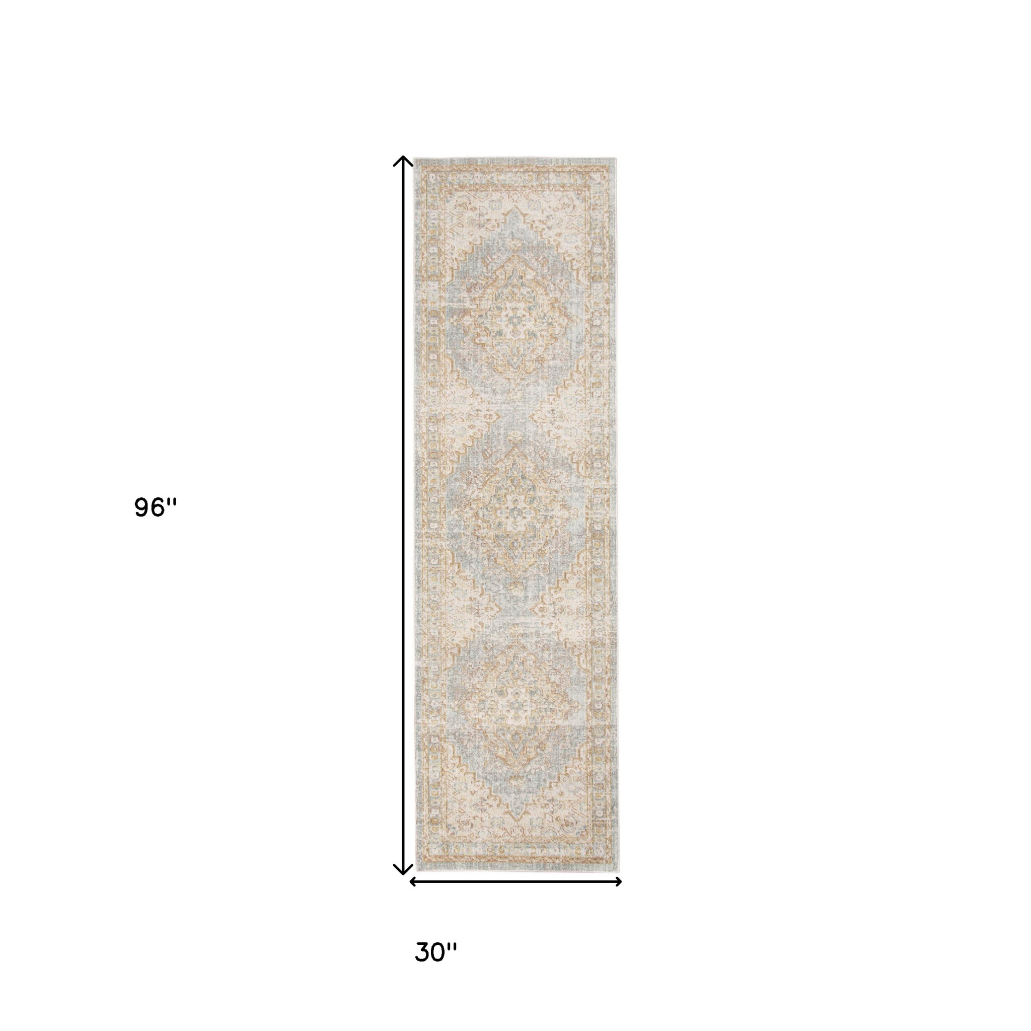 8" Beige and Gray Medallion Power Loom Worn Faded Runner Rug