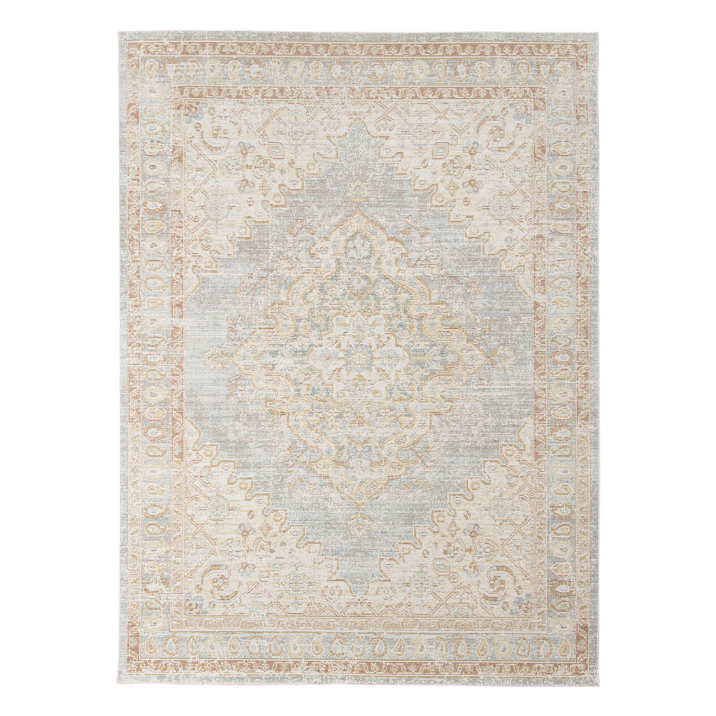 4" X 6" Beige and Gray Medallion Power Loom Area Rug