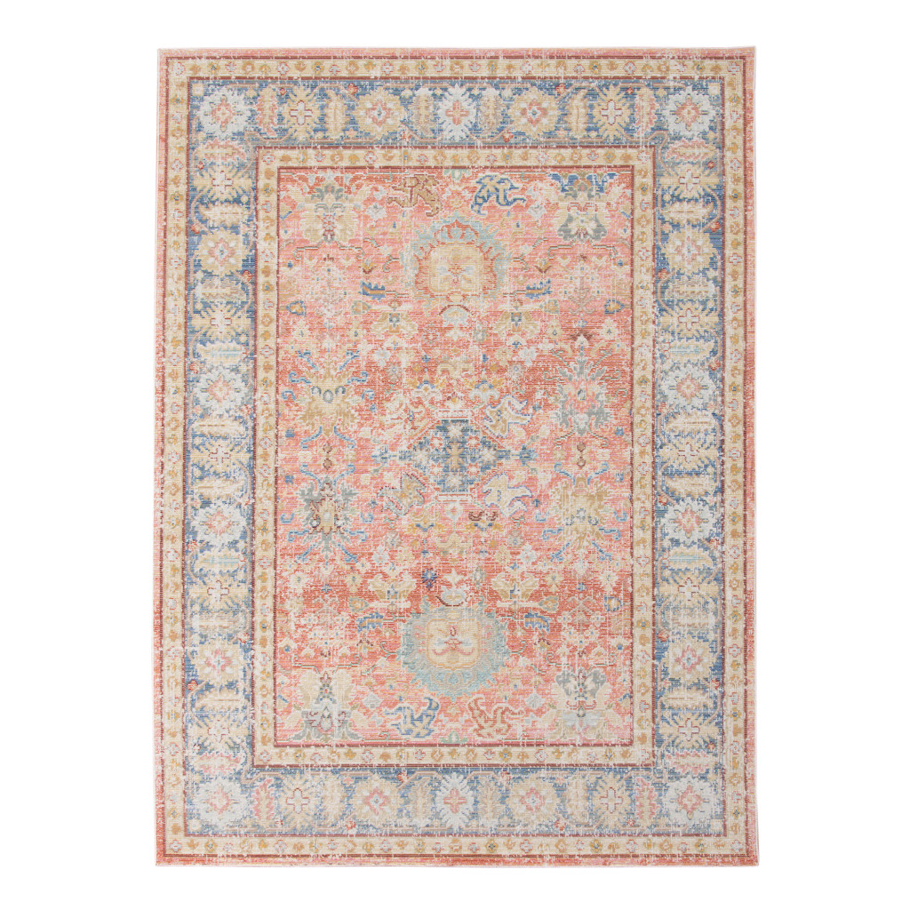 8" X 10" Blue Gold and Orange Floral Power Loom Area Rug
