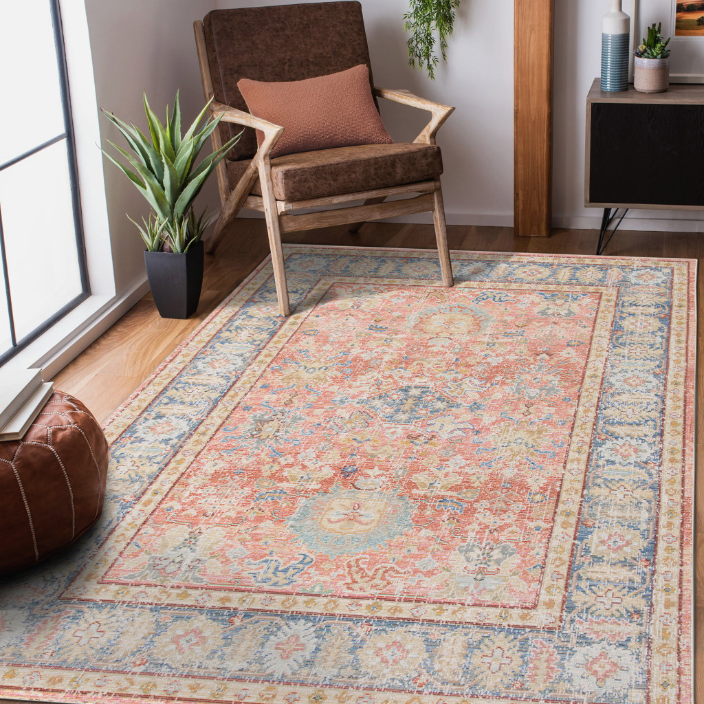 8" X 10" Blue Gold and Orange Floral Power Loom Area Rug