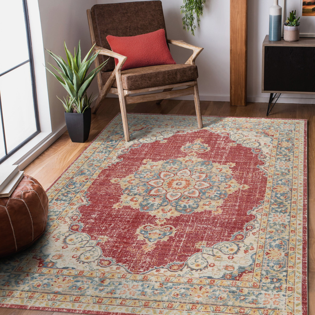 5" X 8" Orange Red and Gold Medallion Power Loom Area Rug