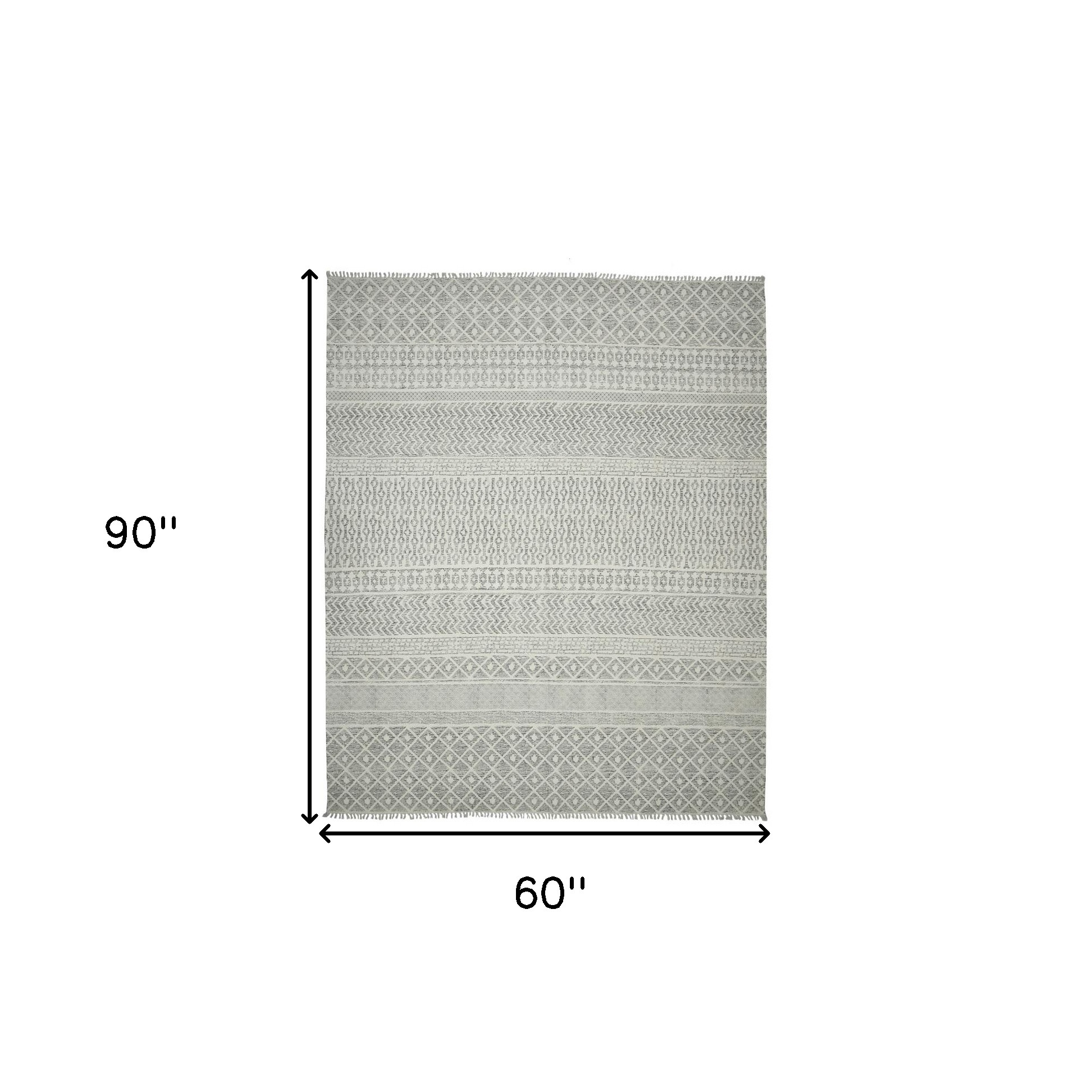 5" X 7" Gray Geometric Flatweave Handmade Distressed Area Rug With Fringe