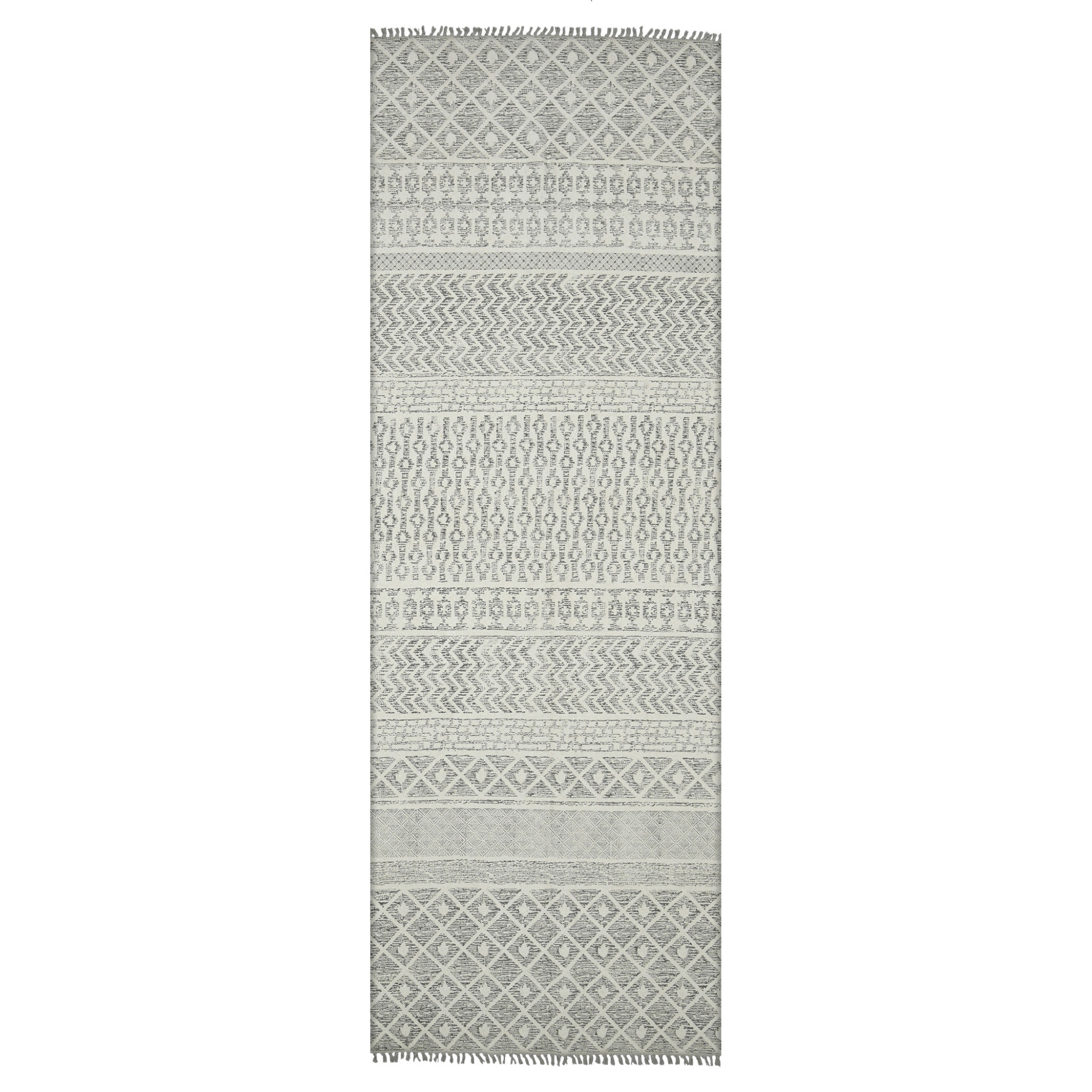 8 gray geometric Flatweave Handmade Distressed Runner Rug With Fringe