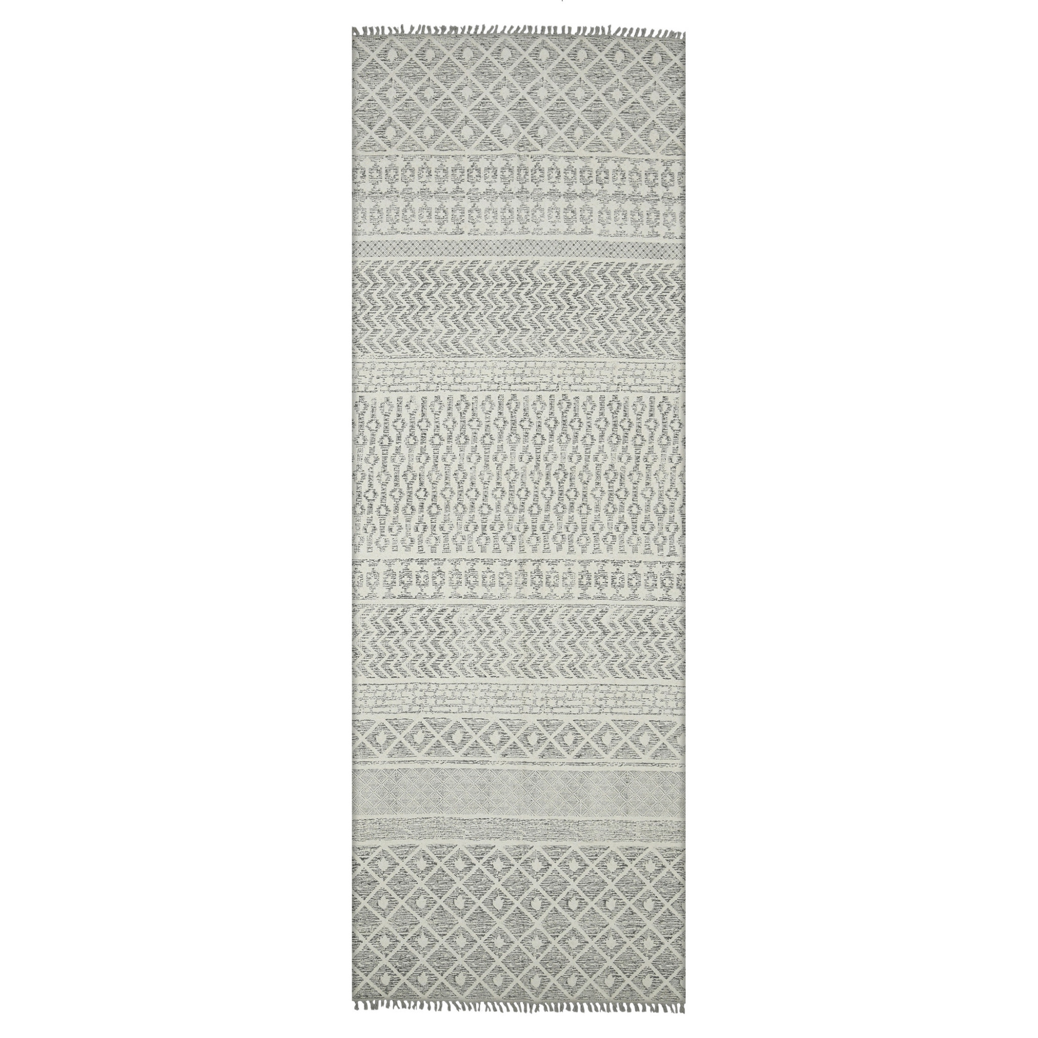 8' Gray Geometric Flatweave Handmade Distressed Runner Rug With Fringe-532047-1