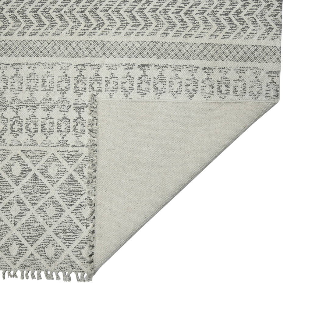 8 gray geometric Flatweave Handmade Distressed Runner Rug With Fringe