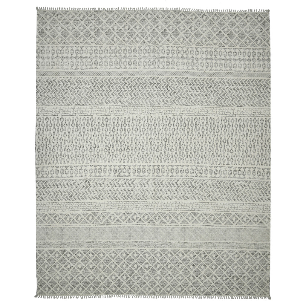 7" X 10" Gray Geometric Flatweave Handmade Distressed Area Rug With Fringe