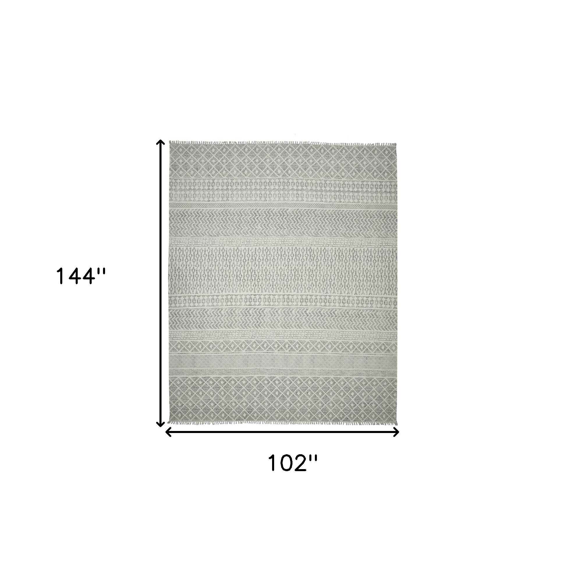 8" X 12" Gray Geometric Flatweave Handmade Distressed Area Rug With Fringe
