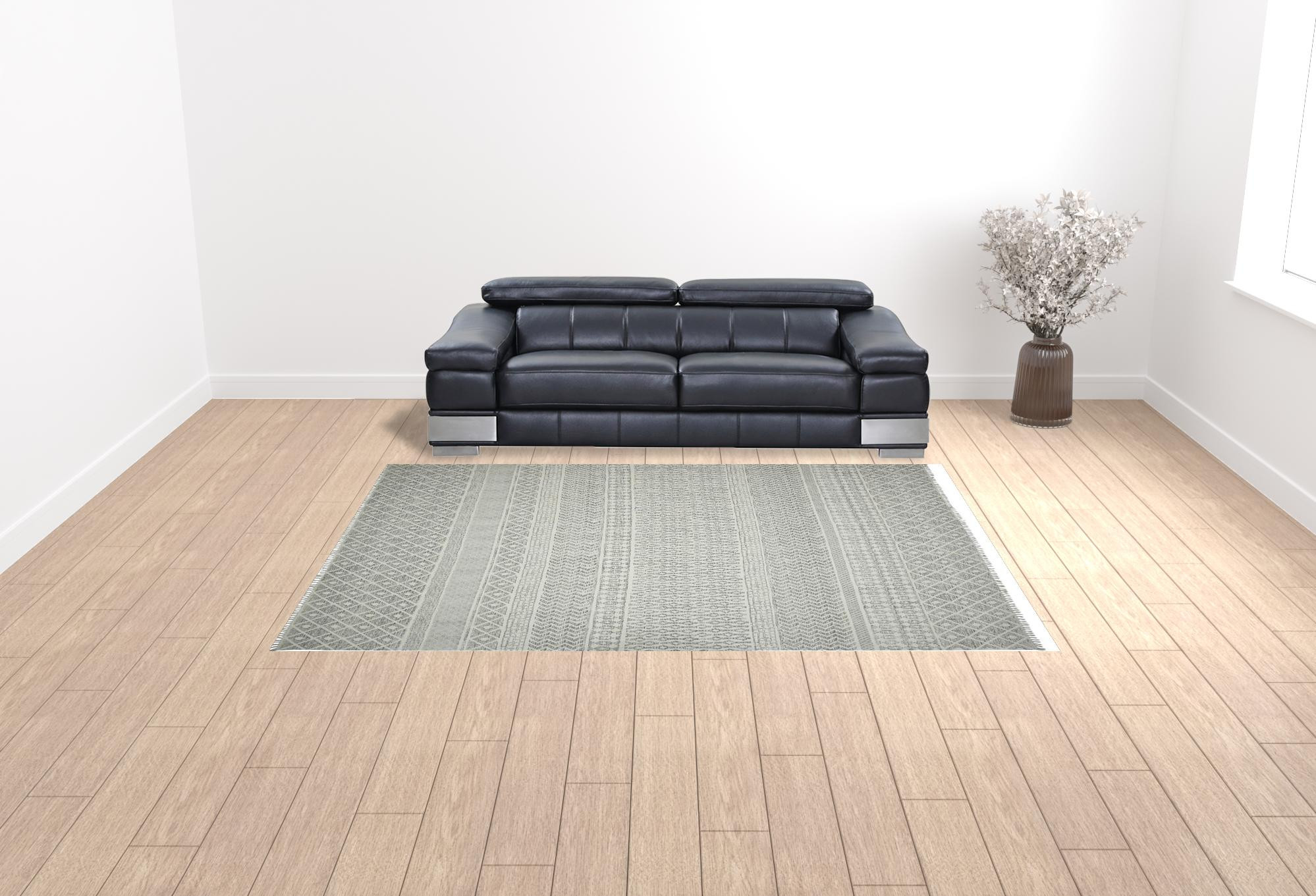 8" X 12" Gray Geometric Flatweave Handmade Distressed Area Rug With Fringe