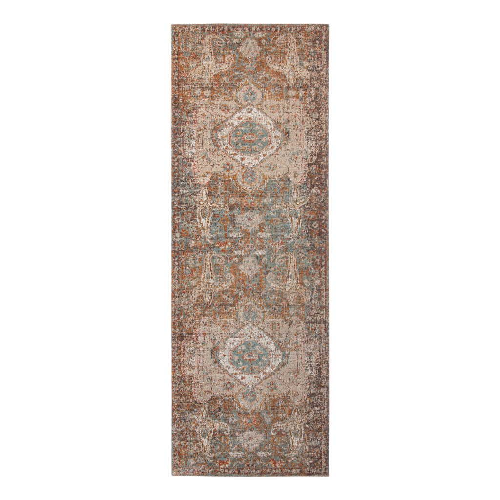 7" Beige Gray and Taupe Medallion Power Loom Runner Rug