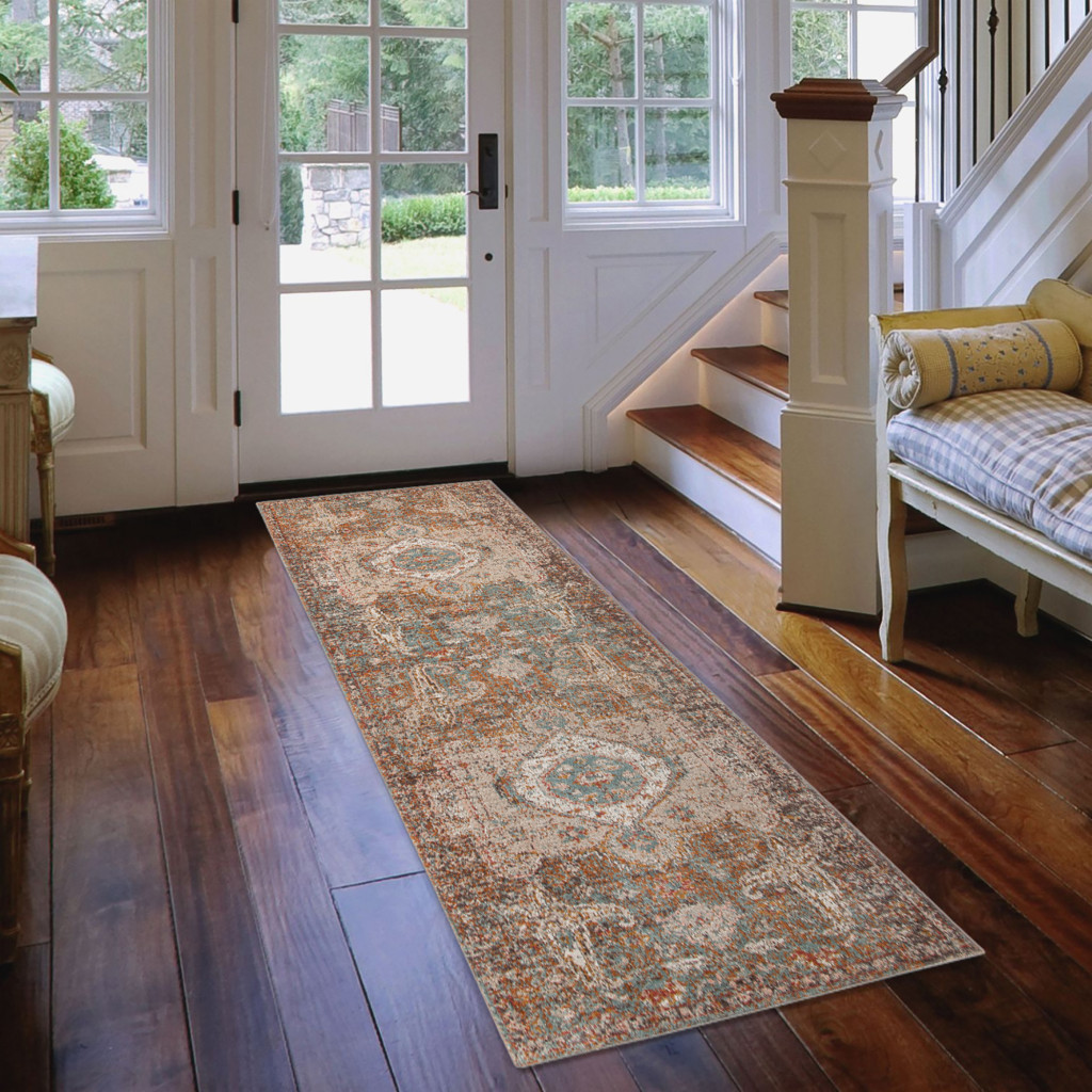 7" Beige Gray and Taupe Medallion Power Loom Runner Rug
