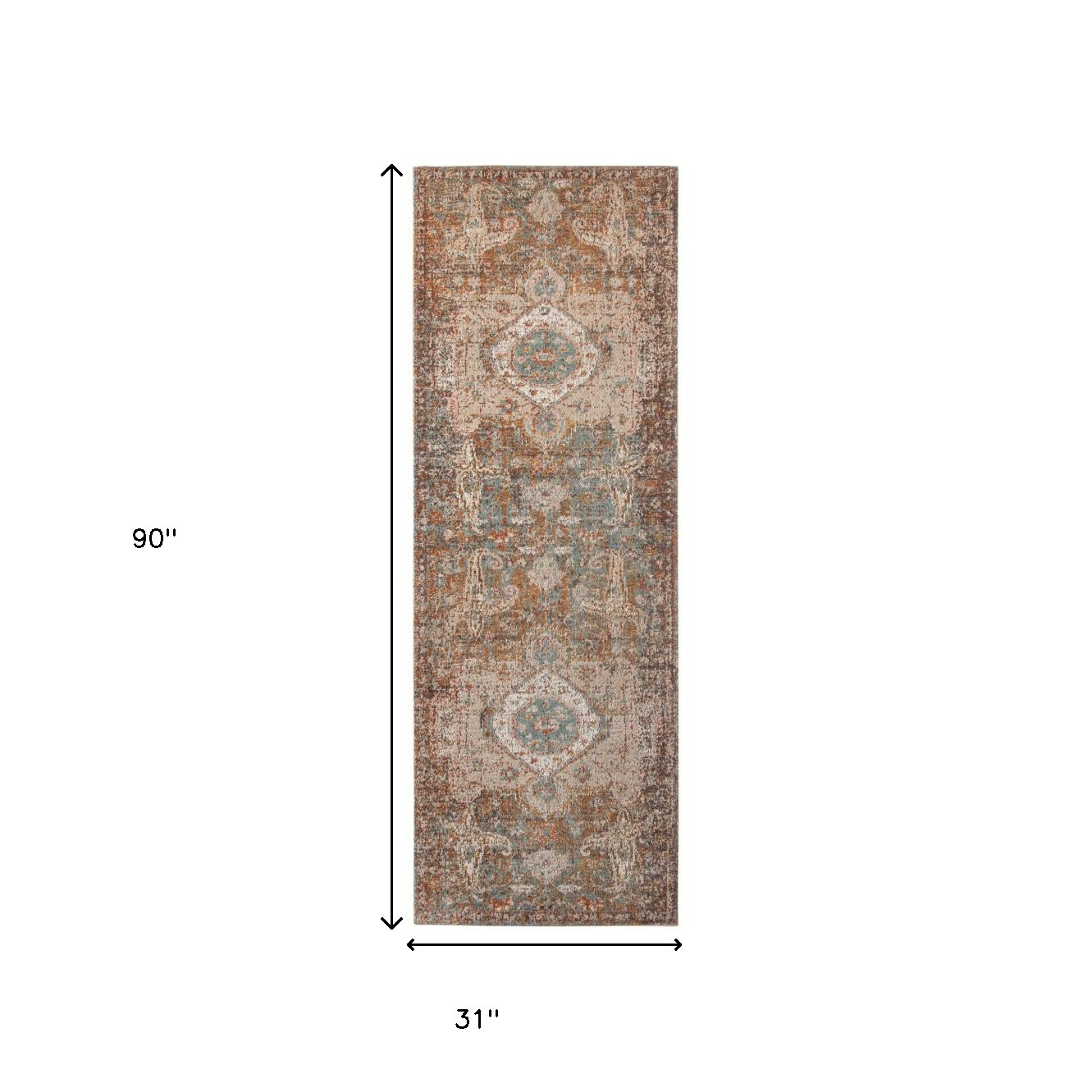 7" Beige Gray and Taupe Medallion Power Loom Runner Rug