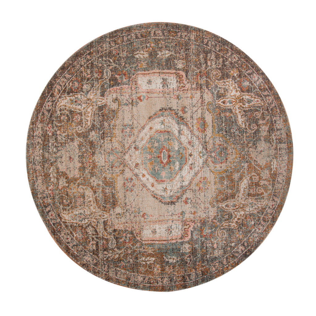 6" Beige Gray and Taupe Medallion Power Loom Round Rug